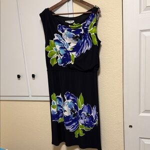Maggy London One Shoulder Dress in Black with Blue Floral